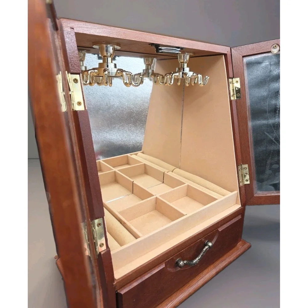 Vintage Wooden Jewelry Box Armoire Etched Glass Doors Rotating Carousel Mirror